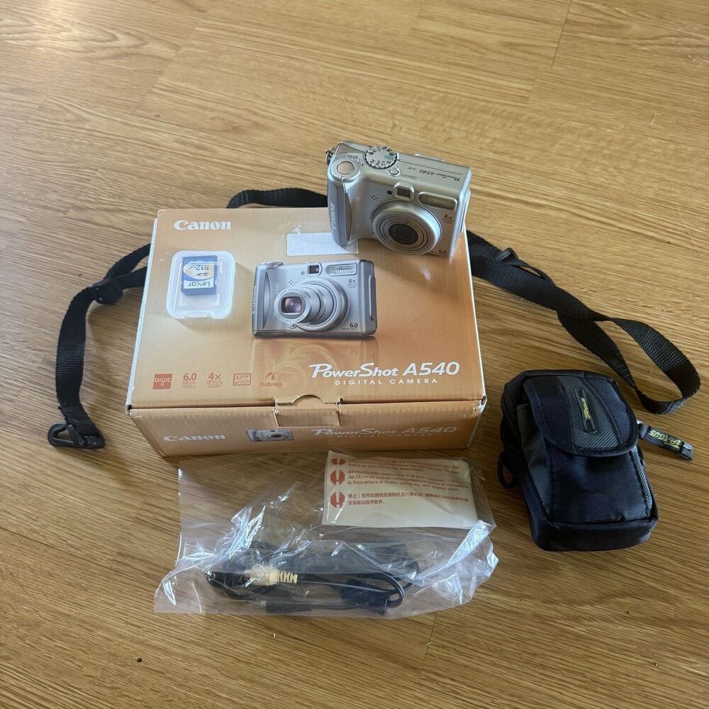 Canon PowerShot A540 6.0 MP Digital Camera In Box + SD Card Cords Tested Working